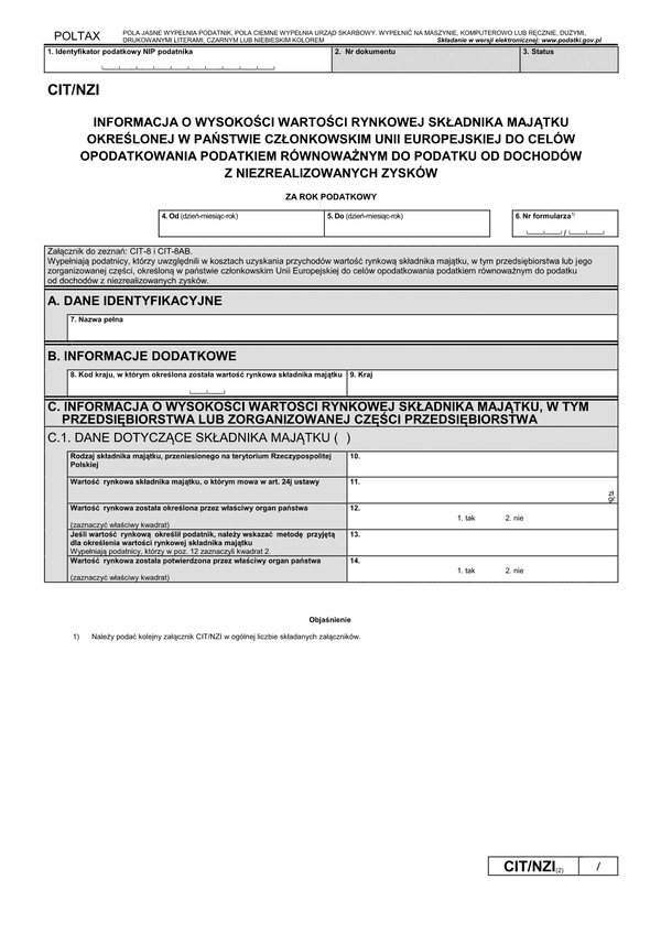 CIT/NZI (2) (archiwalny) Informacja o wysokości wartości rynkowej składnika majątku określonej w państwie członkowskim Unii Europejskiej do celów opodatkowania podatkiem równoważnym do podatku od dochodów