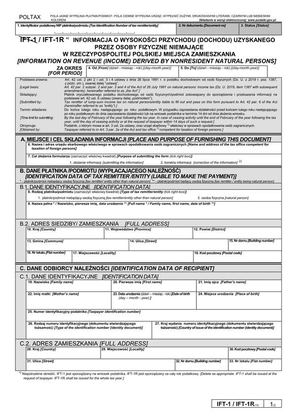 IFT-1R (15) (archiwalny) (2019) Informacja o wysokości przychodu (dochodu) uzyskanego przez osoby fizyczne niemające w Polsce miejsca zamieszkania