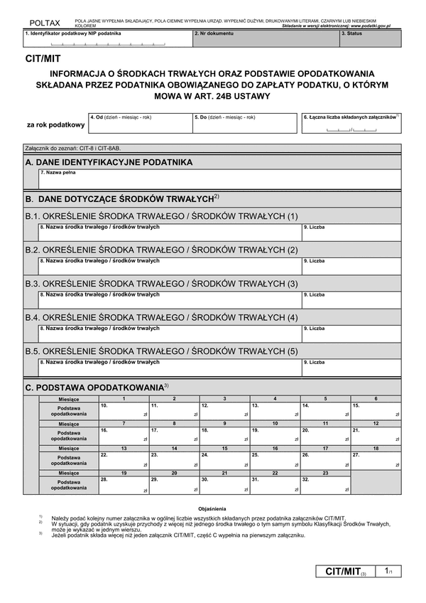 CIT/MIT (3) (archiwalny) Informacja o środkach trwałych oraz przychodach składana przez podatnika obowiązanego do zapłaty podatku, o którym mowa w art. 24b ustawy