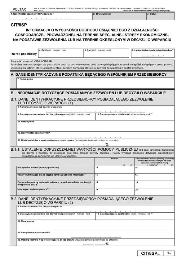 CIT/8SP (3) (archiwalny) Informacja o wysokości dochodu osiągniętego z działalności gospodarczej prowadzonej na terenie specjalnej strefy ekonomicznej na podstawie zezwolenia
