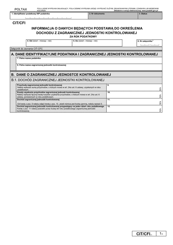 CIT/CFI (1) (archiwalny) Informacja o danych będących podstawą do określenia dochodu z zagranicznej jednostki kontrolowanej