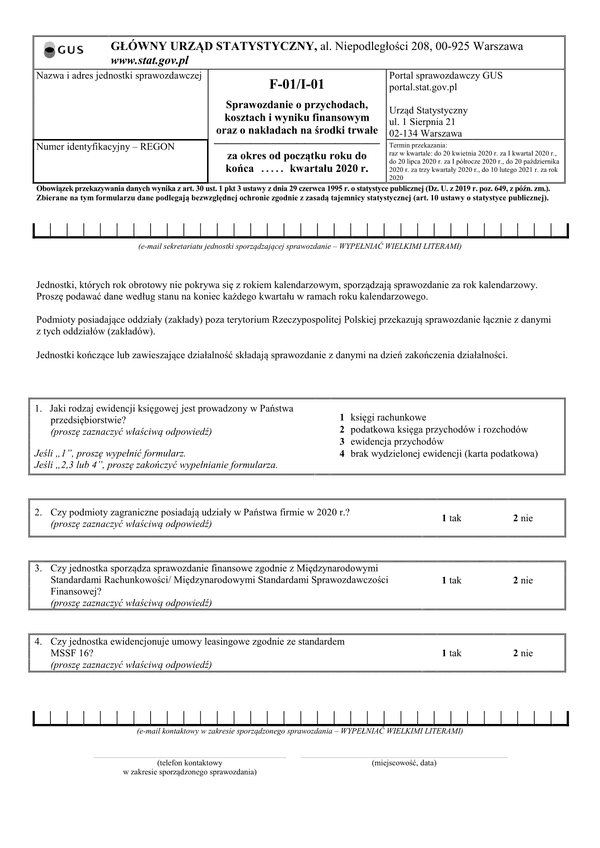GUS F-01/I-01 (2020) (archiwalny) Sprawozdanie o przychodach, kosztach i wyniku finansowym oraz o nakładach na środki trwałe
