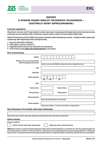 ZUS EKL Wniosek o wydanie książki inwalidy wojennego/wojskowego – legitymacji osoby represjonowanej