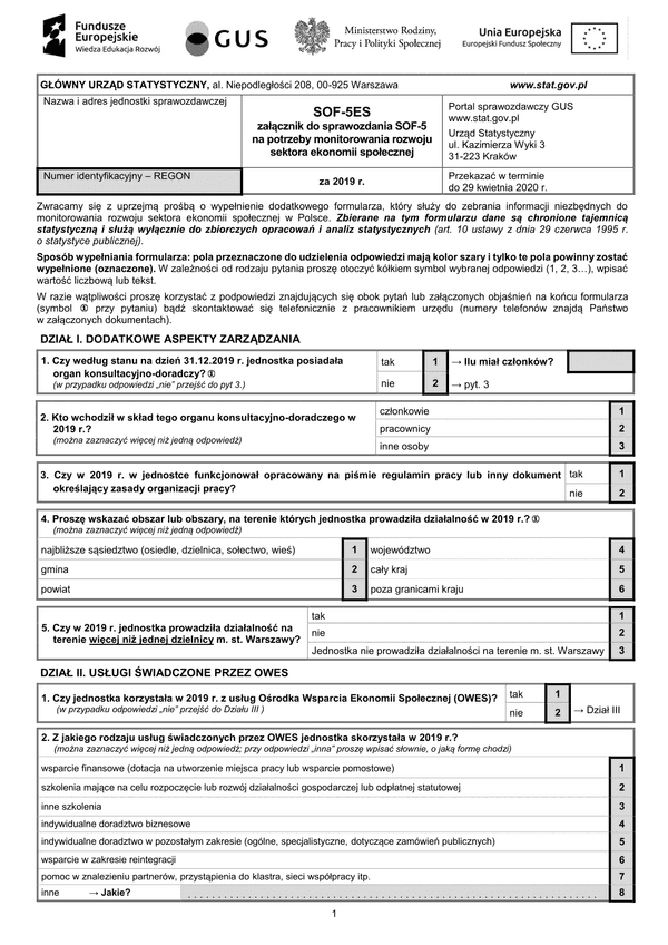 GUS SOF-5ES (archiwalny) Załącznik do sprawozdania SOF-5 na potrzeby monitorowania rozwoju sektora ekonomii społecznej za 2019 r.