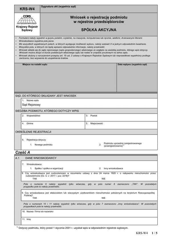 KRS-W4 (archiwalny) Wniosek o rejestrację podmiotu w rejestrze przedsiębiorców - spółka akcyjna
