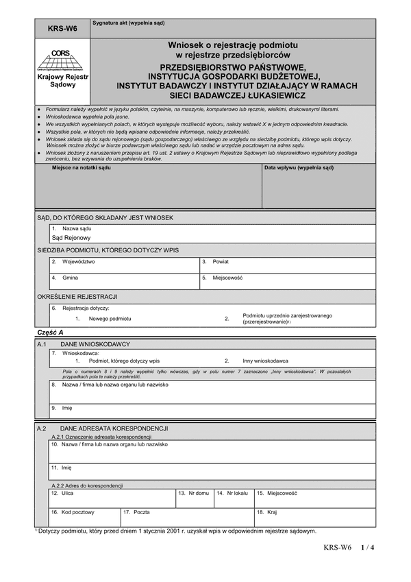 KRS-W6 (archiwalny) Wniosek o rejestrację podmiotu w rejestrze przedsiębiorców - przedsiębiorstwo państwowe, instytut badawczy, instytucja gospodarki budżetowej