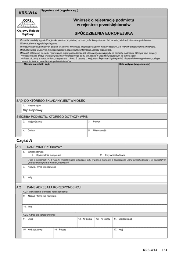 KRS-W14 (archiwalny) Wniosek o rejestrację podmiotu w rejestrze przedsiębiorców - spółdzielnia europejska