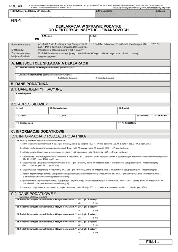 FIN-1 (2) (archiwalny) Deklaracja dla podatku od niektórych instytucji finansowych