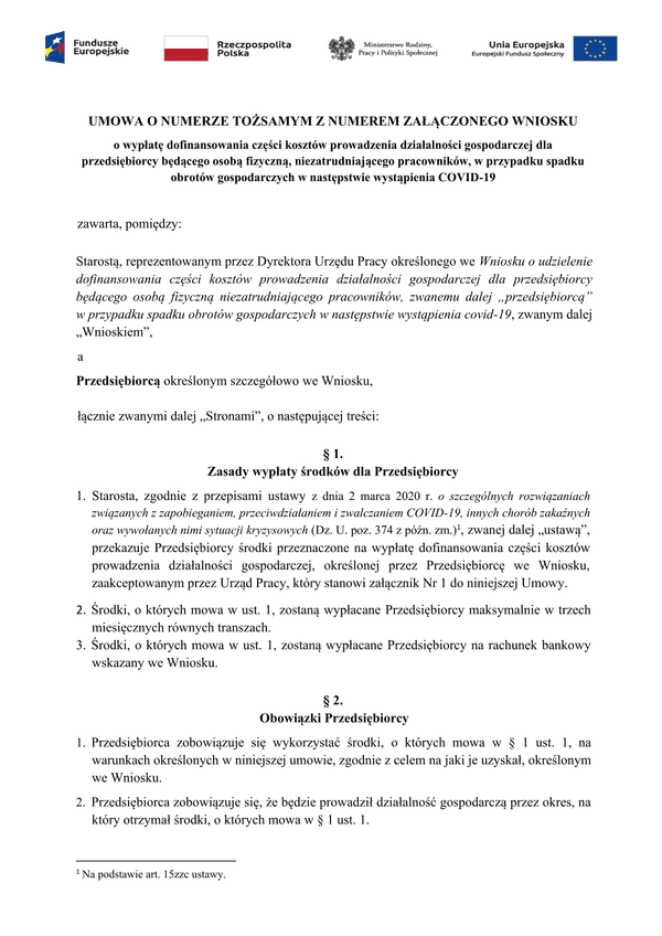 PSZ-DKDG Um (archiwalny) Umowa o wypłatę dofinansowania części kosztów prowadzenia działalności gospodarczej dla przedsiębiorcy będącego osobą fizyczną, niezatrudniającego pracowników, w przypadku spadku obrotów gospodarczych