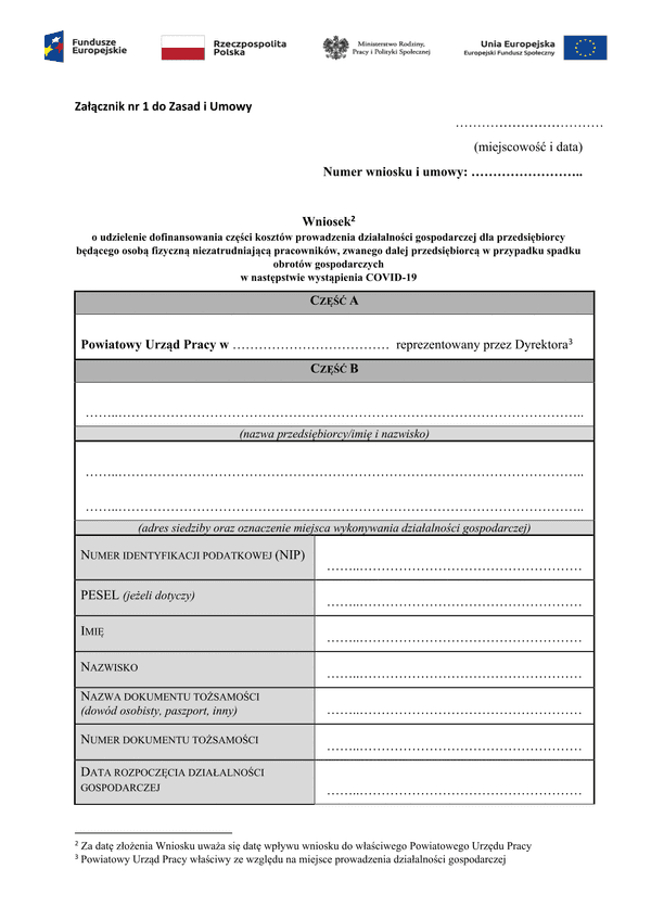 PSZ-DKDG  (archiwalny) Wniosek o udzielenie dofinansowania części kosztów prowadzenia działalności gospodarczej dla przedsiębiorcy będącego osobą fizyczną niezatrudniającą pracowników, zwanego dalej przedsiębiorcą w przypad