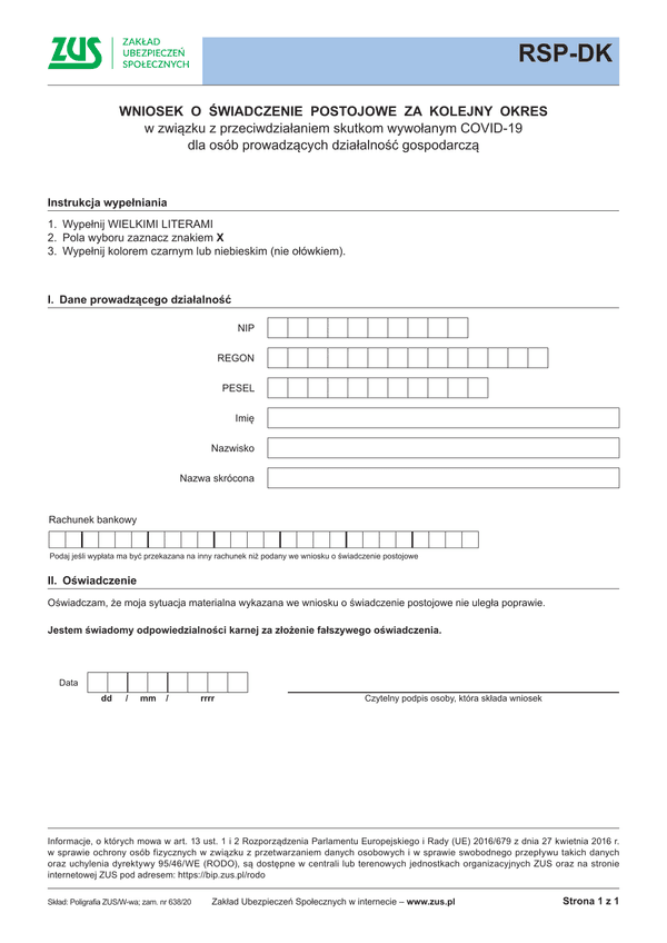 ZUS RSP-DK (archiwalny) Wniosek o świadczenie postojowe za kolejny okres w związku z przeciwdziałaniem skutkom wywołanym COVID-19 dla osób prowadzących działalność gospodarczą