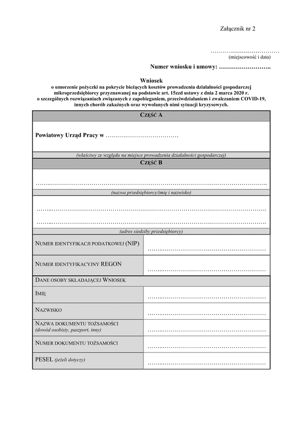 UP Wn Wniosek o umorzenie pożyczki na pokrycie bieżących kosztów prowadzenia działalności gospodarczej mikroprzedsiębiorcy (Covid-19 koronawirus)