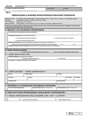 PT-1 (2) Oświadczenie o wyborze opodatkowania podatkiem tonażowym