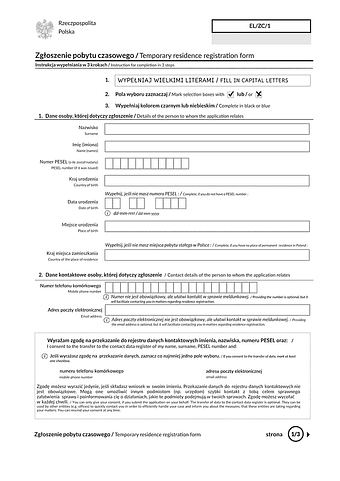 EL/ZC/1 Zgłoszenie pobytu czasowego