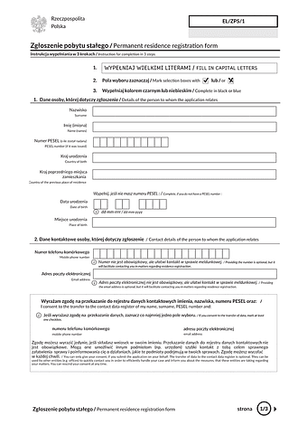 EL/ZPS/1 Zgłoszenie pobytu stałego