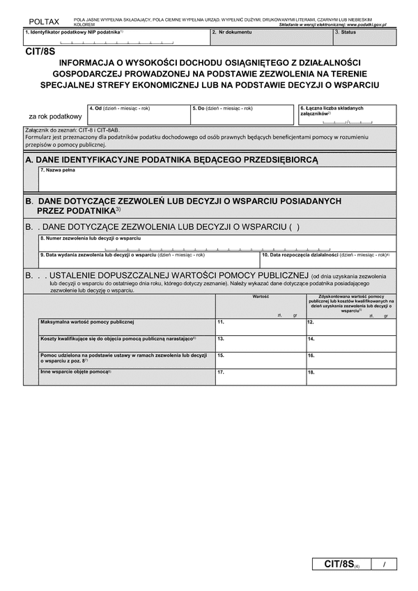 CIT/8S (4) (archiwalny) Informacja o wysokości dochodu osiągniętego z działalności gospodarczej prowadzonej na terenie specjalnej strefy ekonomicznej na podstawie zezwolenia