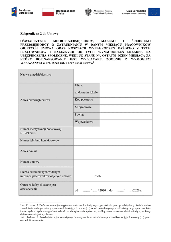 PSZ-DKWP O (archiwalny) Oświadczenie mikroprzedsiębiorcy, małego i średniego przedsiębiorcy o zatrudnianiu w danym miesiącu pracowników objętych umową oraz kosztach wynagrodzeń każdego z tych pracowników i należnych od tych