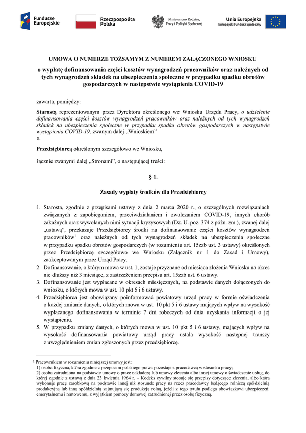 PSZ-DKWP Um (archiwalny) Umowa o wypłatę dofinansowania części kosztów wynagrodzeń pracowników oraz należnych od tych wynagrodzeń składek na ubezpieczenia społeczne w przypadku spadku obrotów gospodarczych