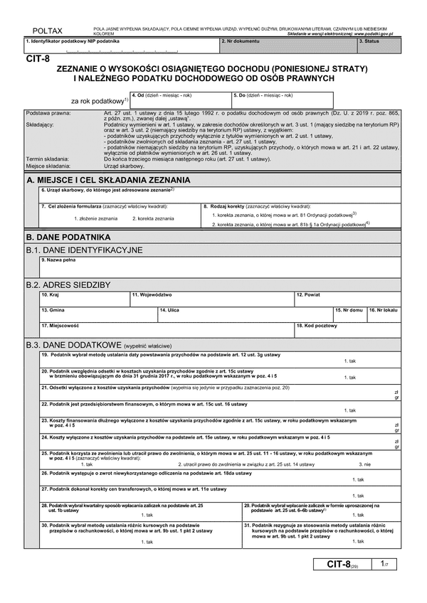 CIT-8 (29) (archiwalny) Zeznanie o wysokości osiągniętego dochodu (poniesionej straty) przez podatnika podatku dochodowego od osób prawnych (dochód/strata osiągnięty po 1 stycznia 2020)