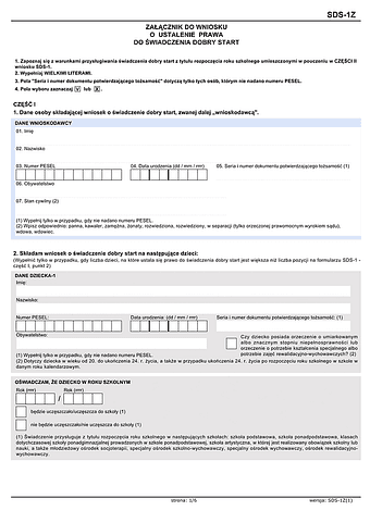 SDS-1Z (2) Załącznik do wniosku o ustalenie prawa do świadczeń dobry start