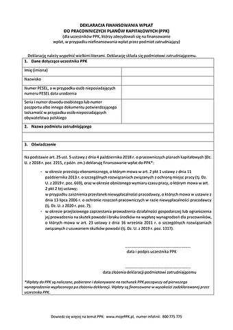 DFW-PPK Deklaracja finansowania wpłat do pracowniczych planów kapitałowych (PPK)