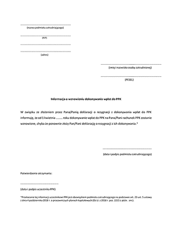 IWDW-PPK Informacja o wznowieniu dokonywania wpłat do PPK