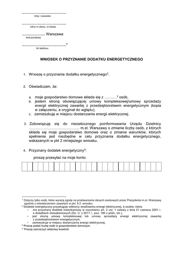 WoPDE-Wwa Wniosek o przyznanie zryczałtowanego dodatku energetycznego - Warszawa