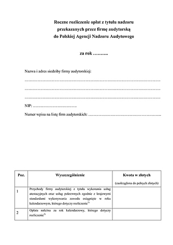 RRO PAN Roczne rozliczenie opłat z tytułu nadzoru przekazanych przez firmę audytorską do Polskiej Agencji Nadzoru Audytowego