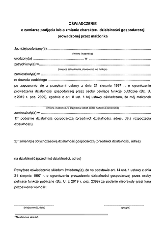 OZPM Oświadczenie o zamiarze podjęcia lub o zmianie charakteru działalności gospodarczej prowadzonej przez małżonka