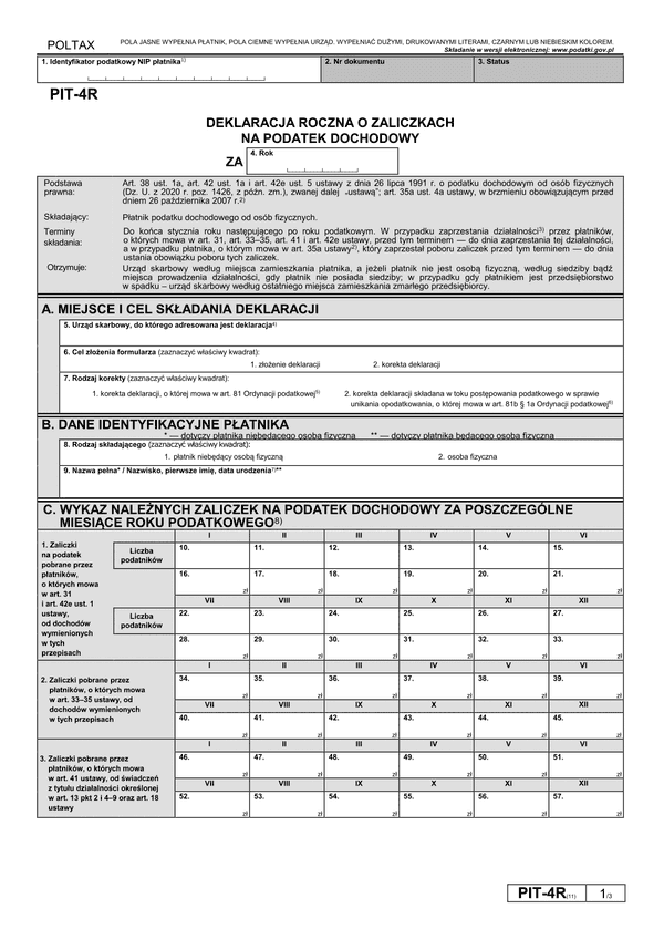 PIT-4R (11) (archiwalny) (2020) Deklaracja roczna o pobranych zaliczkach na podatek dochodowy
