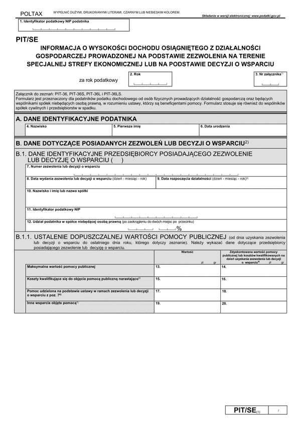 PIT/SE (1) (archiwalny) (2020) Informacja o wysokości dochodu osiągniętego z działalności gospodarczej prowadzonej na podstawie zezwolenia na terenie specjalnej strefy ekonomicznej lub na podstawie decyzji o wsparciu