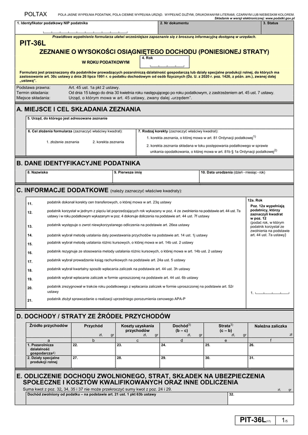 PIT-36L (17) (archiwalny) (2020) Zeznanie o wysokości osiągniętego dochodu (poniesionej straty)