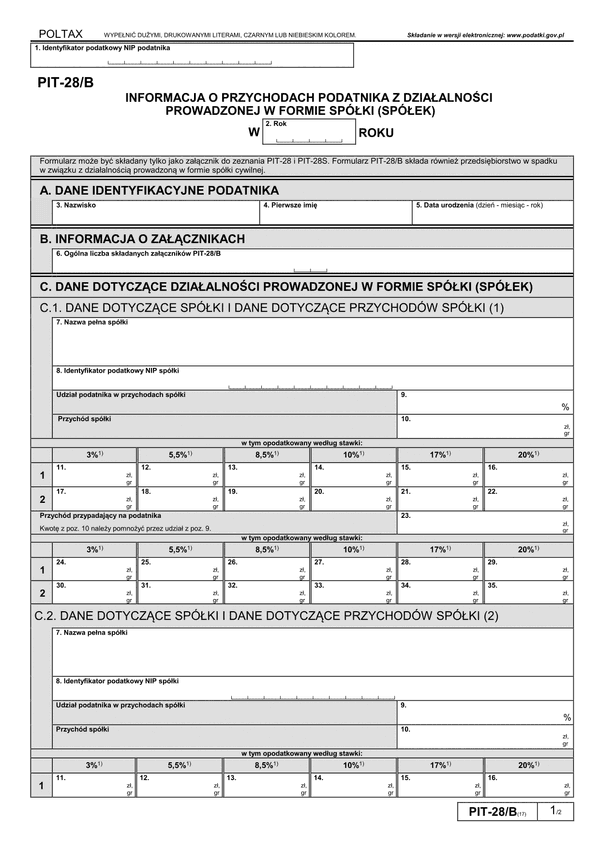 PIT-28/B (17) (archiwalny) (2020) Informacja o przychodach podatnika z działalności prowadzonej w formie spółki (spółek) osób fizycznych