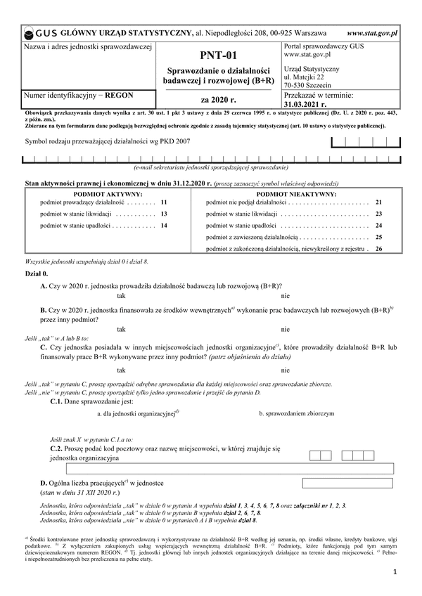 GUS PNT-01 (archiwalny) (2020) Sprawozdanie o działalności badawczej i rozwojowej za 2020 r.