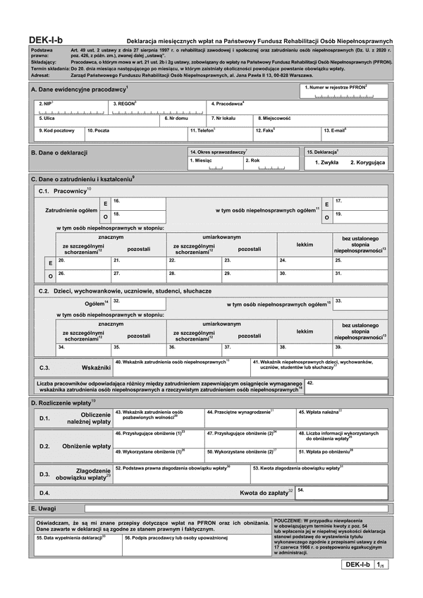 PFRON DEK-I-b (archiwalny) Deklaracja miesięcznych wpłat na Państwowy Fundusz Rehabilitacji Osób Niepełnosprawnych