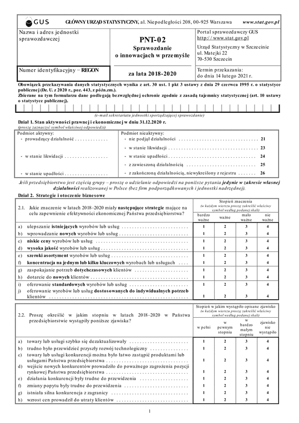 GUS PNT-02 (archiwalny) (2018-2020) Sprawozdanie o innowacjach w przemyśle za lata 2018–2020