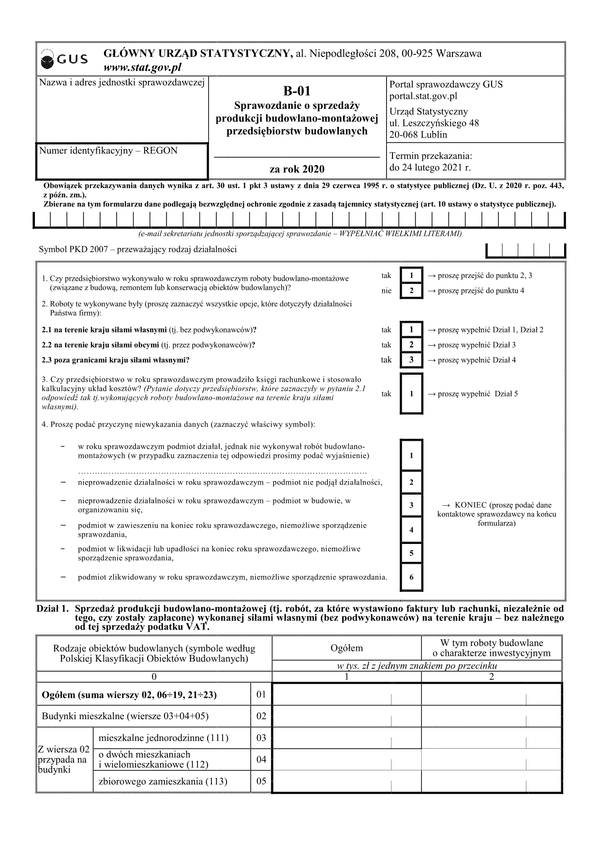 GUS B-01 (2021) (archiwalny) Sprawozdanie o sprzedaży produkcji budowlano-montażowej przedsiębiorstw budowlanych za rok 2020