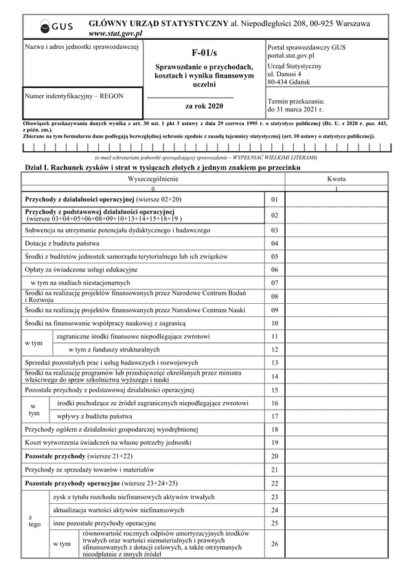 GUS F-01/s (2020) (archiwalny) Sprawozdanie o przychodach, kosztach i wyniku finansowym szkół wyższych za rok 2020