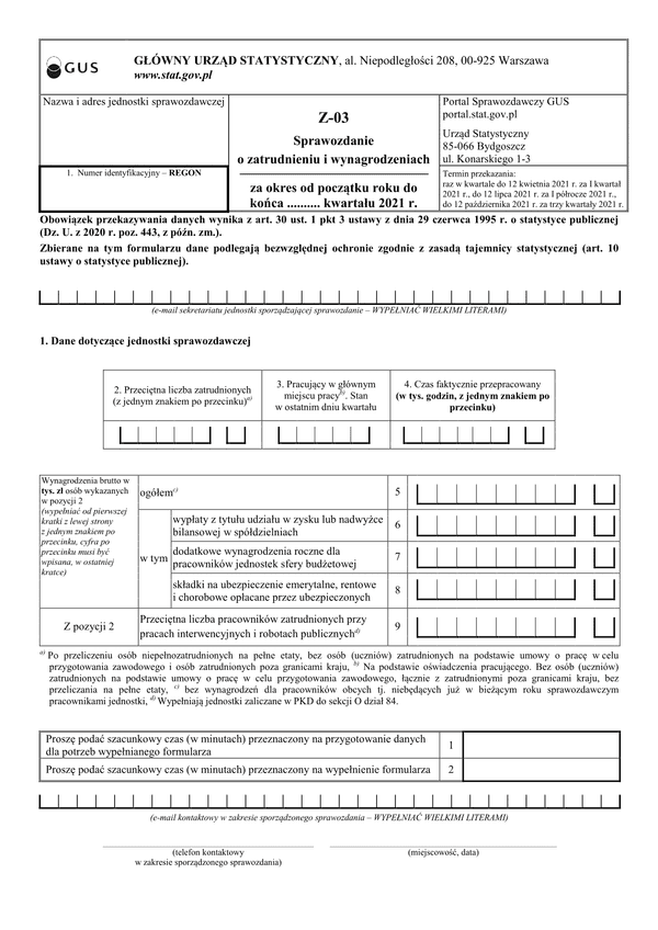 GUS Z-03 (2021) (archiwalny) Sprawozdanie o zatrudnieniu i wynagrodzeniach