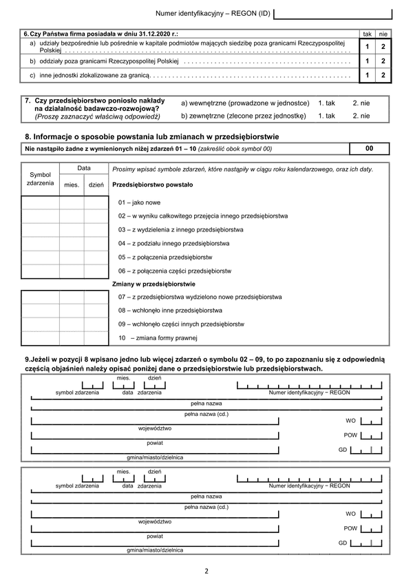 GUS SP (2020) s.2 (archiwalny) Roczna ankieta przedsiębiorstwa za rok 2020 - załącznik strona 2