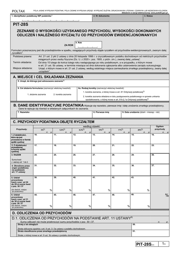 PIT-28S (23) (archiwalny) (2020) Zeznanie o wysokości uzyskanego przychodu, wysokości dokonanych odliczeń i należnego ryczałtu od przychodów ewidencjonowanych za 2020