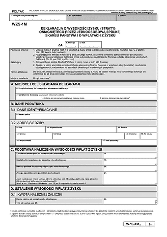 WZS-1M (4) Deklaracja o wysokości zysku (straty) osiągniętego przez jednoosobową spółkę skarbu państwa i o wpłatach z zysku 