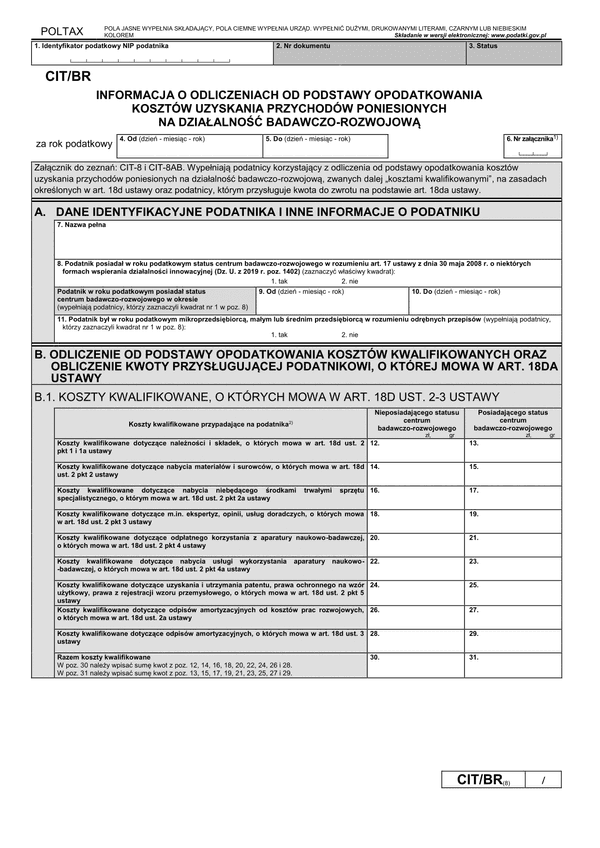 CIT/BR (8) (archiwalny) Informacja o odliczeniach od podstawy opodatkowania kosztów kwalifikowanych