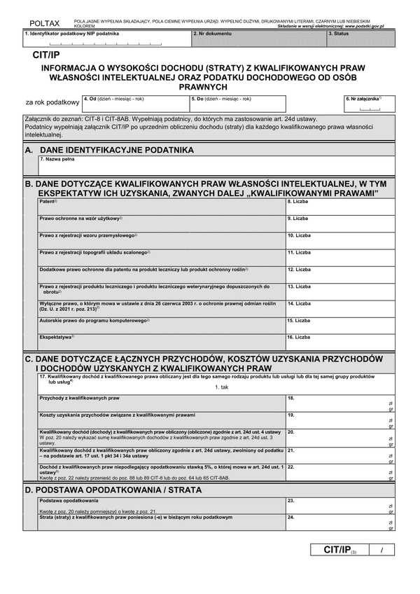 CIT/IP (3) (archiwalny) Informacja o wysokości dochodu (poniesionej straty) z kwalifikowanych praw własności intelektualnej