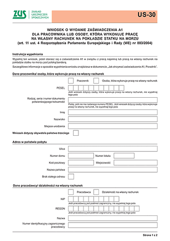 ZUS US-30 Wniosek o zaświadczenie A1 - osoba zatrudniona na pokładzie statku - z wysyłką do PUE ZUS