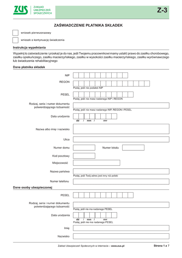 ZUS Z-3 (archiwalny) Zaświadczenie płatnika składek - z wysyłką do PUE ZUS
