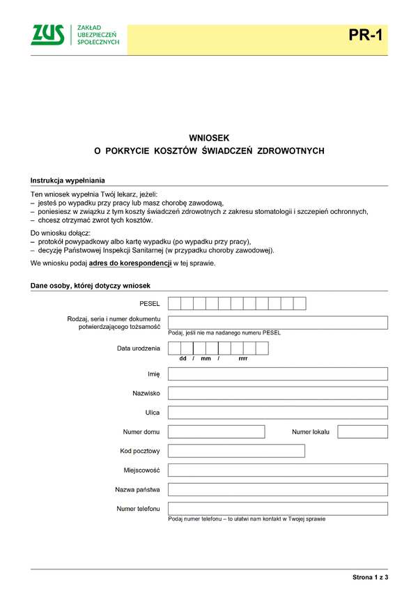 ZUS PR-1 (archiwalny) Wniosek o pokrycie kosztów świadczeń zdrowotnych