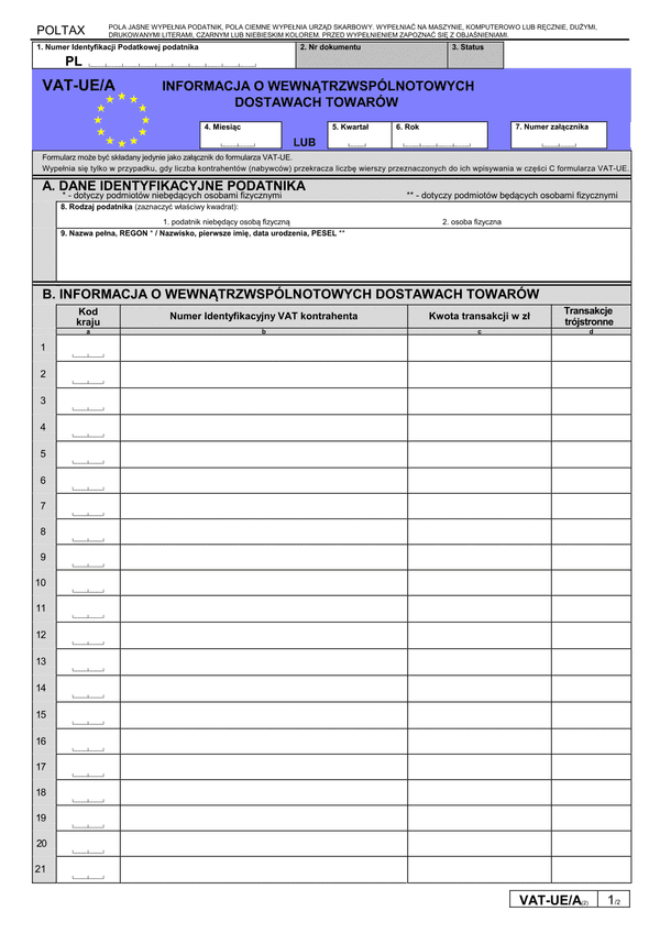 VAT-UE/A (2) (archiwalny) Informacja o wewnątrzwspólnotowych dostawach towarów
