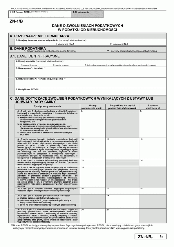 ZN-1/B (2) (archiwalny) Dane o zwolnieniach podatkowych w podatku od nieruchomości
