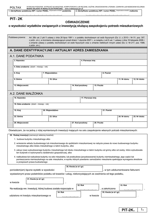 PIT-2K (6) (2011, 2012) (archiwalny) Oświadczenie o wysokości wydatków związanych z inwestycją służącą zaspokojeniu potrzeb mieszkaniowych